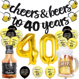 40th Birthday Decoration, 40th Birthday Balloons with Cheer Banner, 40Inch Number 40 Foil Balloons, 40th Sign Black Gold Balloons Champagne Cups Foil Balloons, Happy Birthday Decor for Men Him