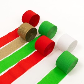 HOUSE OF PARTY Christmas Crepe Paper Streamers - Christmas Streamers 6 Rolls of Red Green White and Gold 492ft (1.8 Inch x 82 Ft/Roll), Christmas Party Decorations