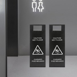 MOCHAG 2 Pcs Stainless Steel Caution Wet Floor Sign, 23.6in Caution Bilingual Safety Warning Signs, Portable Foldable Double Sided Slippery When Wet Sign for Restaurant Supermarket Restroom Office (Black)