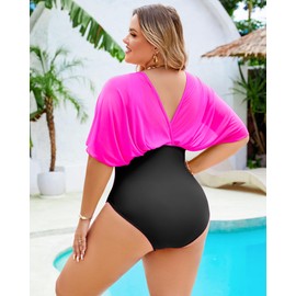 Jolefille Traje de baño de una pieza de talla grande para mujer, modesto control de abdomen, manga de malla, favorecedor y adelgazante, Traje de baño adelgazante rosa y negro, X-Large