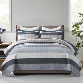 SahSahCasa Quilt Set King Size, 100% Cotton, King Comforter Set, Striped Quilted Bedspreads, Farmhouse King Bedding Set, Lightweight Bed Spread for All Season, Gray/Beige, 3pcs