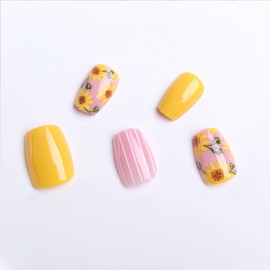 BFY Flower Press on Nails Short Square Fake Nails, Yellow Sunflower Acrylic Nails Tip, Spring Summer Nude Glossy Gel False Nails Kits Natural Fit Stick on Nails Glue 24Pcs
