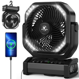 Camping Fan with Light - 20000mAh Rechargeable Battery Fan, 112Hrs Max Run Time, 8 Speeds, Digital Display, Timer, Auto Oscillation, 270° Pivot & Hook for Camping, Power Outage, Hurricane (Black)