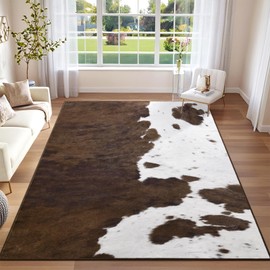 DweIke Cowhide Print Washable Area Rugs 5x7, Soft Animal Pattern Large Rug for Living Room Bedroom, Non-Slip and Stain Resistant Throw Carpet for Dining Room Office Western Home Decor, Brown