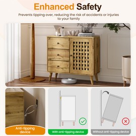 FansaFurn Vintage Storage Cabinet, Basket Weave Wooden Door & 3 Drawers, Kitchen Sideboard with Adjustable Shelves, Coffee Bar Cabinet for Living Room, Hallway, Entryway, Dining Room, Natural Wood