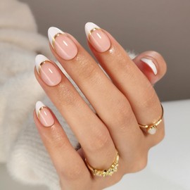SHANGMENG White French Tip Press on Nails with Gold Line Design - Soft Gel Almond Nails Short for Women, Glossy Glue on Nails with Glue in 16 Sizes - 32 Reusable Fake Nails, Gold Ribbon
