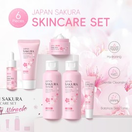 LAIKOU- Set de cuidado de la piel JAPAN SAKURA Sets de regalo de belleza para mujeres Kit de cuidado de la piel con limpiador, tónico, loción, suero,