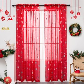 KarINSTALLi - Cortinas transparentes de Navidad para sala de estar, cortinas transparentes de lujo con estampado de copo de nieve, cortinas de ventana con bolsillo para barra, decoración para recámara y hogar, 2 paneles rojo, 52 pulgadas de ancho x 63 pu