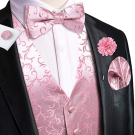 Hi-Tie Jacquard Silk Light Pink Mens Tux Vest and Bow Tie Set Necktie Lapel Pin Gold Tie Clip Paisley Floral Waistcoat 8PCS Set Tuxedo Wedding Party