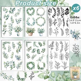 Rub On Sticker Flowers, Pack of 6 A5 Rub On Stickers, Rub On Foil Transfer Stickers, Rub On Flower, for Furniture, Glass, Wood, Scrapbooking, DIY Craft Decoration (Eucalyptus Leaves)