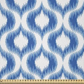 ABAKUHAUS Ikat Microfibre Fabric Sold by the Metre, Abstract Vintage Ogee, Decorative Crafts, Upholstery Fabric, Textiles, 2 m (230 x 200 cm), White/Blue