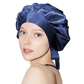 OLESILK OLESILK Mulberry Silk Bonnet for Sleeping Bowknot, Double-Side Silk Sleep Cap for Curly Hair Care, Hair Bonnet for Afro Wavy Long Hair, Night Cap for Women, Navy