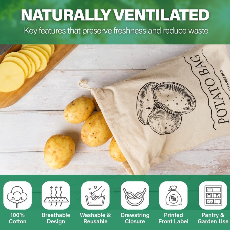 STOWBERRY Potato Storage Bag - 40x30cm Eco-Friendly 100% Cotton Storage