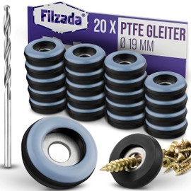 Filzada® 20 x Teflon Gliders for Screwing – Diameter 19 mm (Round) – Furniture Glides / Carpet Glides PTFE (Teflon) with Screws