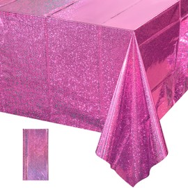 1 Pack Iridescence Plastic Tablecloths Shiny Disposable Laser Rectangle Table Covers Holographic Foil Tablecloth Iridescent Party Decoration Birthday Bridal Wedding Christmas 54" x 108" (Pink)