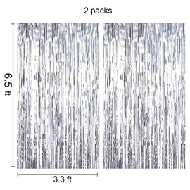 LILF 2 Packs 3.3ft x 6.5ft Shimmer Metallic Fringe Tinsel Foil Curtains for Party Baby Shower Photo Booth Backdrop Wedding Graduation Decoration (Silver)