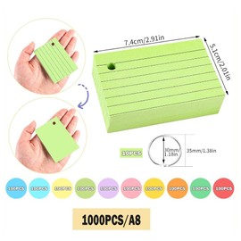 Pack of 1000 Index Cards A8 with Ring Vocabulary Cards Flash Cards 150 g/m² Index Cards Colourful with 10 Binder Rings for School Supplies Office Home Learning Notes 10 Colours