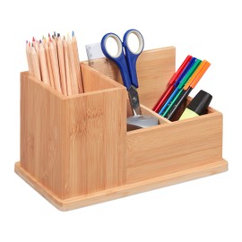 Relaxdays Bamboo Pen Holder Organiser for Desk, Bathroom and Office, 3 Compartments, Pen Box HBT: 14 x 24.5 x 14 cm, Natural