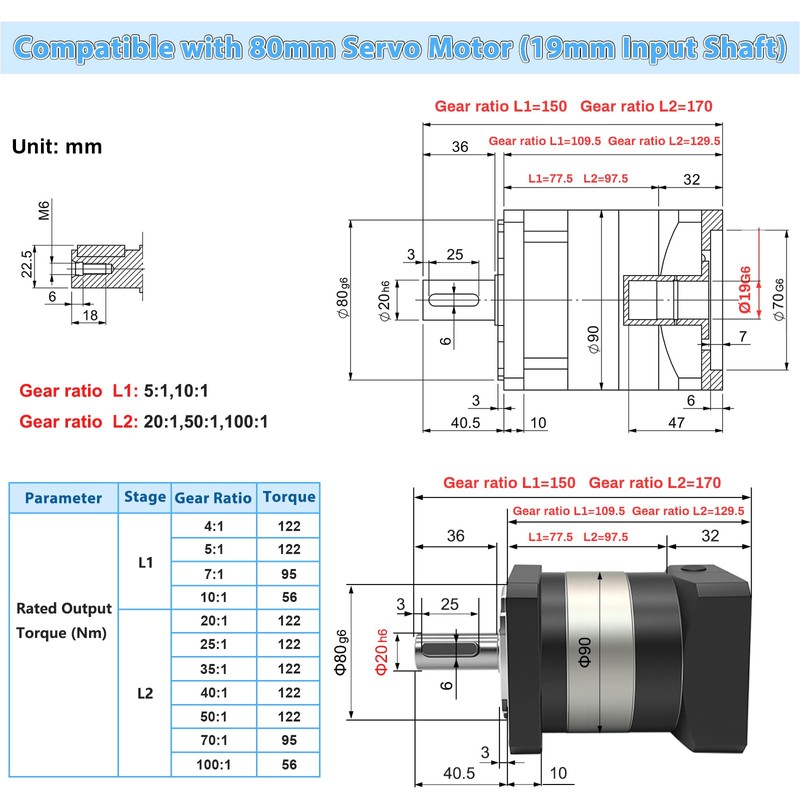 80mm Servo Planetary Gearbox Speed Reducer 10:1 Ratio for 19mm