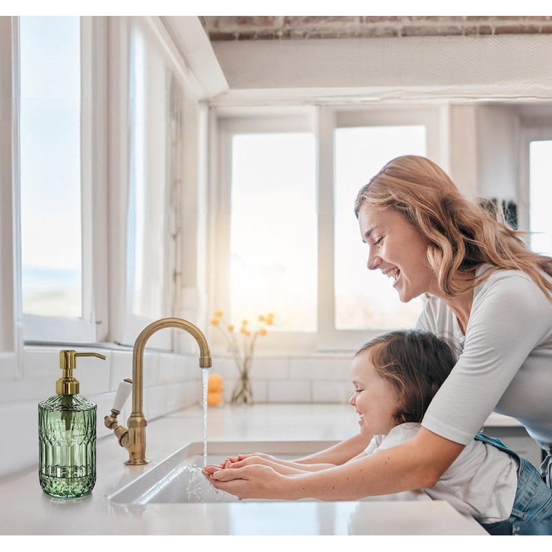 JASAI 18Oz Green Glass Soap Dispenser with Gold Rust Proof