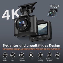 Dashcam Auto Vorne Hinten 4K/1080P WiFi Dash Cam mit GPS Dual Auto Kamera mit 2,4" IPS-Bildschirm, Parküberwachung, Super Nachtsicht WDR, 170° Weitwinkel, G-Sensor, Loop-Aufnahme, APP, Max 256 GB