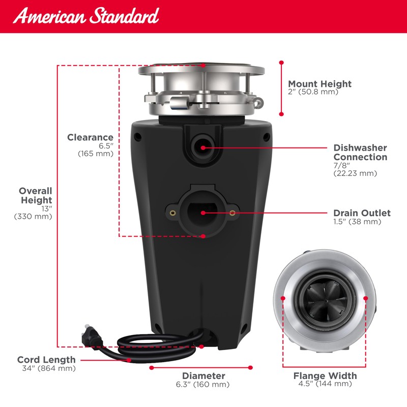 American Standard 10-US-AS-3 Garbage Disposer, 1/3 HP, Black