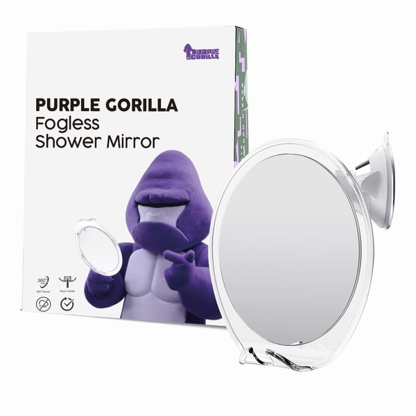 PURPLE GORILLA Fogless Shower Mirror, Anti-Fog Suction Cup Shaving Mirror for Bathroom, Razor Holder and 360° Swivel for The Unbreakable Acrylic Makeup Mirror