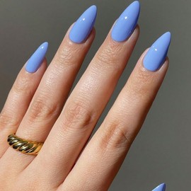 KQueenest Baby Blau Press On Nails Mittel Mandel - Acryl Nägel zum Aufkleben, Natürlich Einfarbig Fake Nails Fingernägel zum aufkleben, Glänzende Gel Full Cover Kunstnägel für Frauen 24 Stück