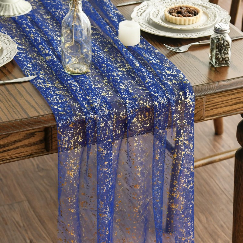 Artoid Mode Gauze Cheesecloth Glitter Foil Blue Gold Table Runner
