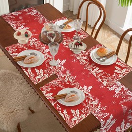 Fycyko Table Runner Christmas and Four Place Mats Red, Snowflakes Table Runner Winter Table Decoration Christmas Washable Place Mat for Christmas Party Birthday