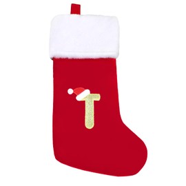 SULOLI 20 Inches Monogram Christmas Stockings with Letters,Super Soft Plush Christmas Stockings Large Embroidered Stockings Red Letter Stockings for Christmas Holiday Xmas Gift(T)