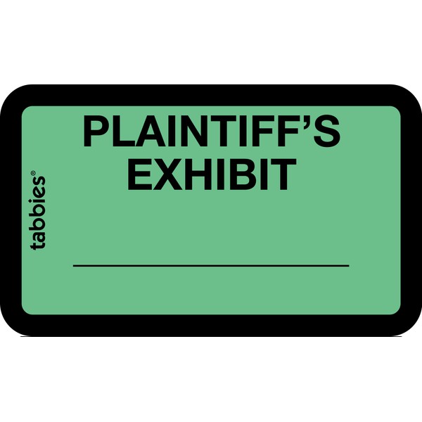 Tabbies Legal Exhibit Labels, Label: 1-5/8"W x 1"H, Sheet: 5-1/4"W x 3-1/4"H, Green, PLAINTIFF'S Exhibit" 252 Labels/Pack (58025)