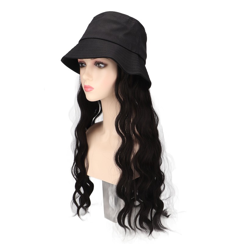 Hat Wig Women Detachable Middle Length Black Brown Curly Wavy