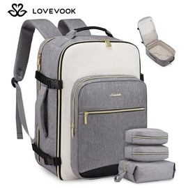 LOVEVOOK Colorblock Carry-On Travel Backpack with 3 Packing Cubes and Laptop Compartment - Personal Item,TSA-Friendly, Airline Approved Travel Bag for Hiking, Overnight, Weekend,Gift for Valentine's Day:_Beige-Grey-Black_50L