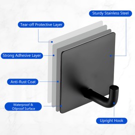GBPUSD Adhesive Towel Hooks 4 Pack Stainless Steel Robe Coat Hooks for Hanging Versatile Wall Hooks for Bathroom, Kitchen, Office, School Black Shower Hook Hanger