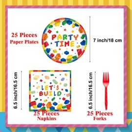 ZJJZOAA 75 Pcs Building Block Party Supplies,7 Inch Party Dessert Plates Forks and Napkins for Baby Shower Birtyhday Party Supplies,Building Block Tableware Set for Kids 25 Guests