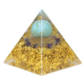 KYEYGWO Green Howlite Turquoise Positive Energy Pyramid Gemstone with Crystal Ball, Reiki Healing Crystal Pyramid Chakra Pyramid Desktop Ornament for Meditation and Home Decoration