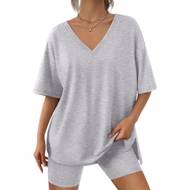 Trendy Queen Womens Two Piece Sets Summer Outfits 2025 Spring Fashion Vacation Tops Shorts Lounge Matching Tracksuits Grey XXL