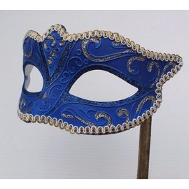 The Good Life LADIES BLUE & GOLD VENETIAN MASQUERADE CARNIVAL PARTY EYE BALL MASK ON A STICK - HAND HELD