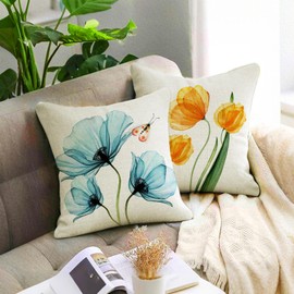 Norala Flower Decorative Throw Pillow Covers 20x20 Inch Watercolor Floral Farmhouse Cushion Cover 4 Pcs Pink Yellow Purple Blue Tulip Pillow Case for Couch Sofa Home Decor