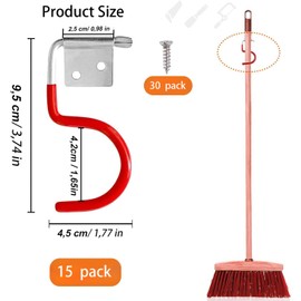 Mujiluxe Rubber Coating Garden Tools, Garden Tool Holder, Metal Hooks, Pack of 15 Tool Holders, Red Hooks, Broom Holder, Tool Holder, with 30 Screws