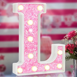 Pink Light Up Letters, Glitter Alphabet Letter Sign Pink LED Marquee Letter Lights Battery Powered for Night Light Girls Bedroom Birthday Party Wedding Home Christmas Decorations Gift for Her-Pink L