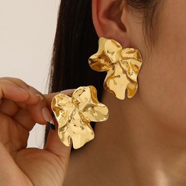 Auriselle Irregular Metal Petal Earrings Women's Asymmetric Pleated Element Flower Earrings Shiny Flower Earrings Adjustable Stud Jewellery Women Girls Silver/Gold, Alloy Steel