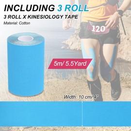 PATIKIL 5.5 Yard x 4 inch Kinesiology Tape, 3 Roll Adhesive Cotton Sports Muscle Support Tapes Waterproof Elastic Tape for Knee Ankle Wrist Shoulder, Light Blue
