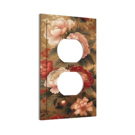 Thsanju Vintage Red Pink Peony Green Leaves Gold Background 1 Gang Duplex Outlet Covers Decorative Single Light Switch Covers Electrical Receptacle Wall Plate Plug Switchplate for Bathroom Decor