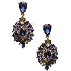 Large Antique Art Deco Vintage Retro Style Blue Sapphire Grey Clear Rhinestone Wedding Bridal Prom Statement Earrings
