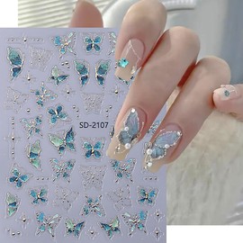 Spring Butterfly Nail Art Stickers Decals 3D Butterfly Nail Stickers Self-Adhesive Embossed Nail Decals White Pink Green Butterflies Nails Slider Designs Summer Sticker for Women DIY Manicure 5 Sheets