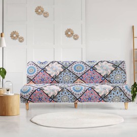 LiveGo Armless Futon Slipcovers Stretch Folding Sofa Bed Cover with Elastic Bottom, Printed Fitted Couch Cover Furniture Protector for Pets, Kids (Red Brown)