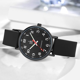 SHENGKE SK Ultra Thin Fashion Sport Sweatproof Women Watch Ladies Watch with Easy Read Dial and Colorful Silicone Band(Black)