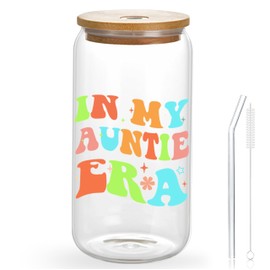 Aunt Gifts from Niece, Glass Straw Cup for Aunt, Auntie Gift Ideas, Cool Aunt Gifts from Nephew, Christmas Mothers Day, Birthday Gifts for Auntie, Cute 16 oz Coffee Glass Cups with Lids Straws